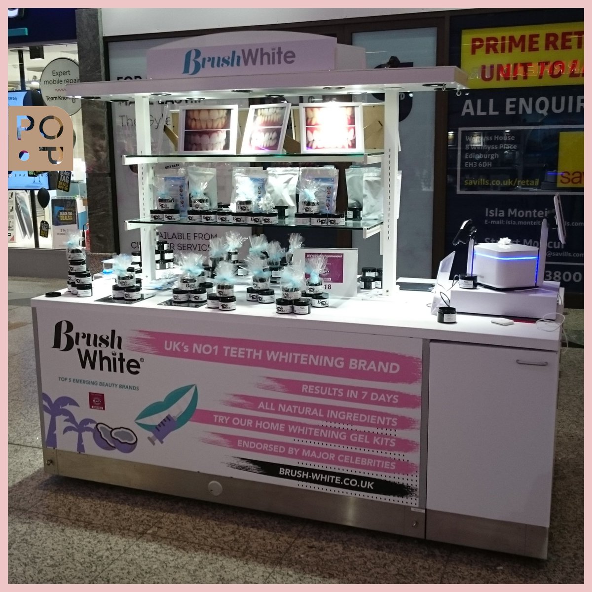 POPRetailUK's tweet photo. We work with the biggest shopping centres to bring an assortment of pop retailers such as Brush White, a tooth whitening kit supplier, and Winter Accessories, an independent retailer, who are both now trading in @gyleshopping #PopRetail #Popupretail #Kiosk #RetailKiosk #Popshop https://t.co/9T4KeQl6pG