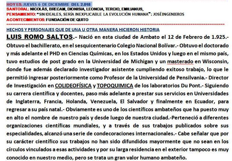 HISTORIA》
Hechos y personajes que hicieron historia 06/12/2018 LUIS ROMO SALTOS
Autor: <a href="/CarlosPangol2/">Carlos Pangol</a> Periodista investigativo de #RadioCentro 

Escúchalo de lunes a viernes en el Boletín Nuevo Día (05h00-08h00) por radiocentroambato.com 91.7FM
#Ambato
#EstamosEnLaCumbre