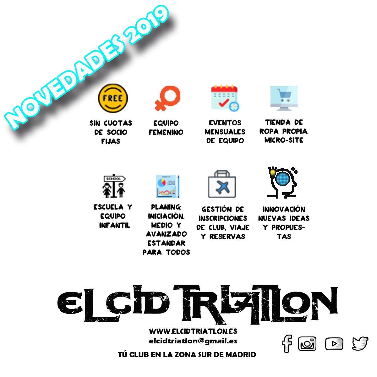 📢Novedades temporada 2019
El Cid Triatlón.
#valdemoro #pinto #seseña #clubtriatlon #valdemoronews #triatlon #club 
elcidtriatlon@gmail.com