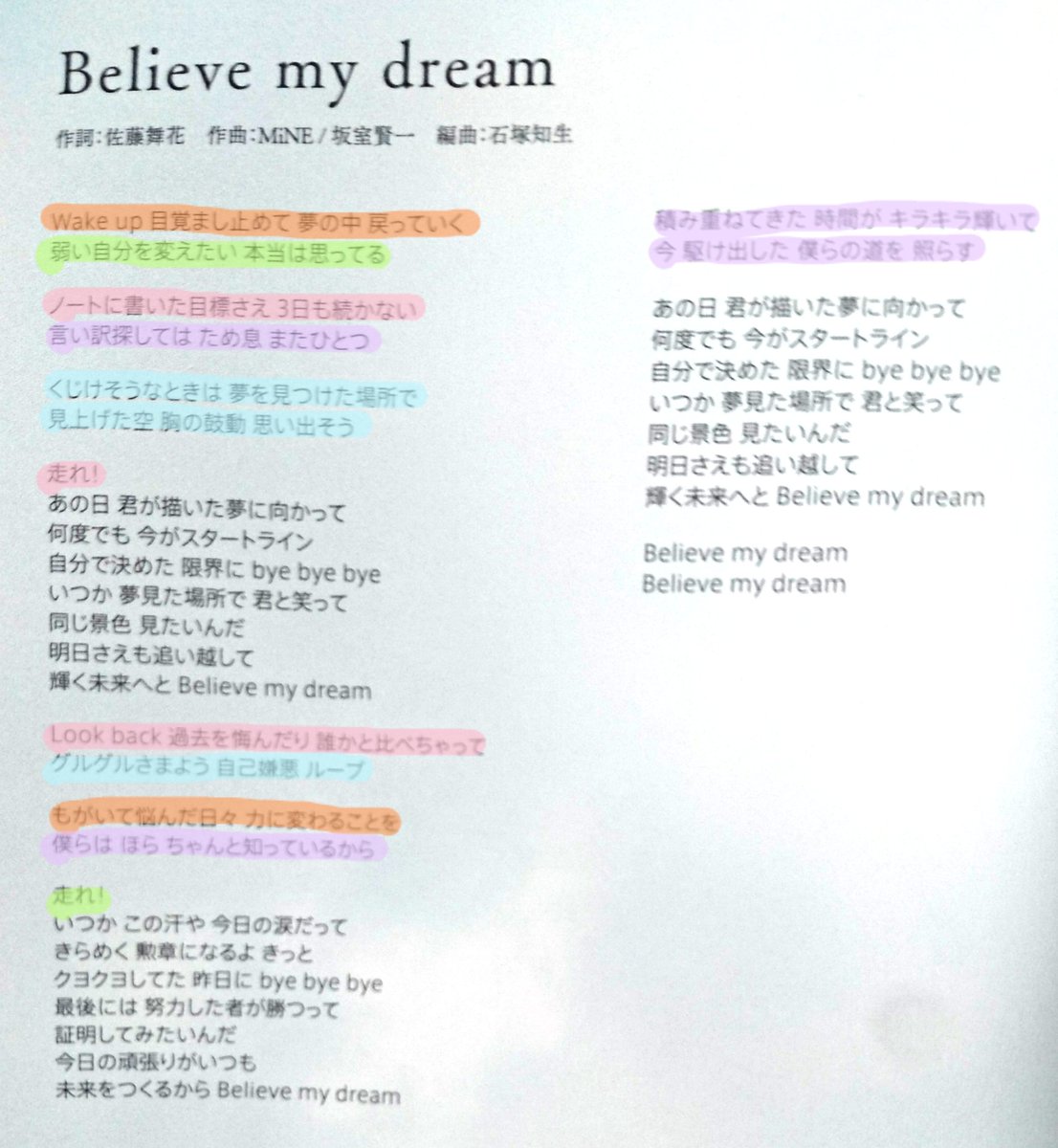 さとう Believe My Dream 冬が来たよ ワガママlady 歌割こんな感じかな と思ってパート割してみたけどもし違うとこあったら教えてください 多分違う そしてスパークライトは断念した 笑 カラクリだらけのテンダネス すっぴんkiss