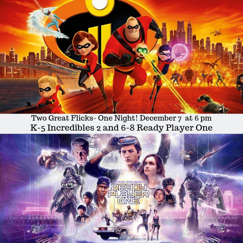 crestonpta's tweet photo. Make plans to attend the Creston Movie Night on Friday, December 7th! Two great flicks, one night! Incredibles 2 for K-5 grades and Ready Player One for 6-8 grades. Doors open at 6 pm and the movie begins at 6:15 pm! See you there! https://t.co/LibAkaiV9v