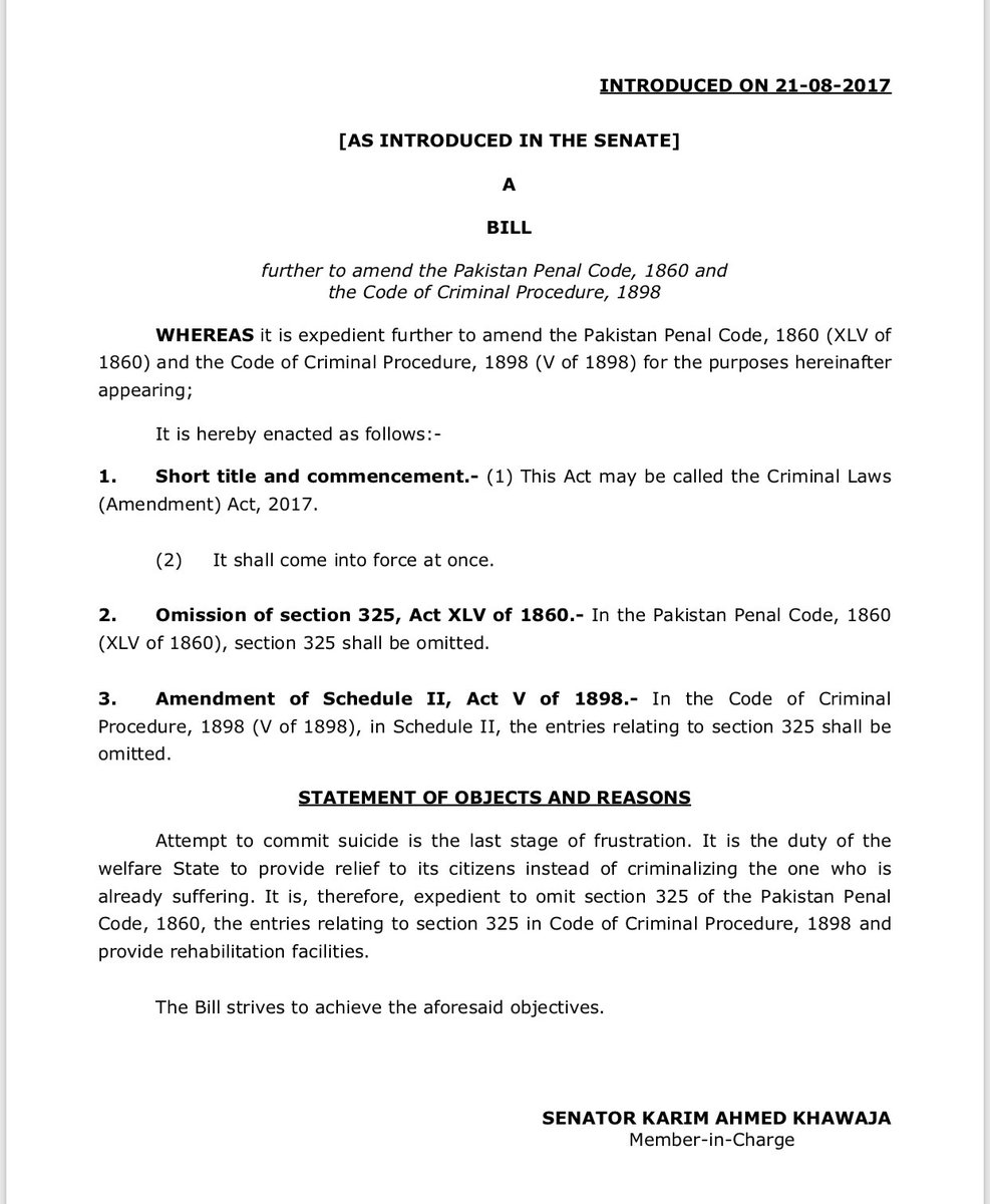 AsmaHumayun's tweet photo. This is the amendment bill to #decriminalise #selharm #suicide in #Pakistan that was unanimously passed by the #senate in Feb, but never presented in the #NA & (unfortunately) finally lapsed. 1000s of distressed young people do not seek help because of medico-legal implications. https://t.co/MTkSBOSMtB