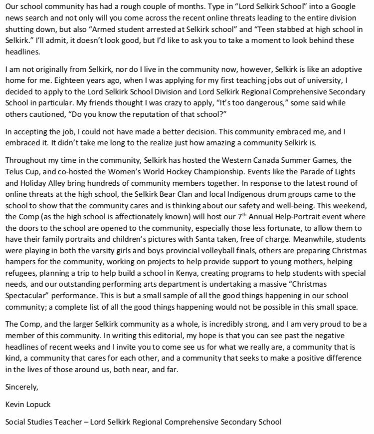LSRCSS_LSSD's tweet photo. Thank you Mr. Lopuck for your written editorial surrounding the events from the past couple of days. Mr. Lopuck reflects the accurate nature of the students, staff and school community present each and everyday here at #thecomp https://t.co/MfC0DqtS32