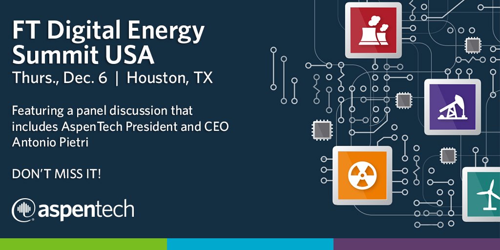 AspenTech's tweet photo. Coming up at 12:10: Don't miss the #digitaltransformation panel with #AspenTech CEO, Antonio Pietri for answers to questions like "How can the mind-set of the executive team be inspired to lead digital transformation throughout the business?" #FTDigEnergy https://t.co/VBVeRS4Aix