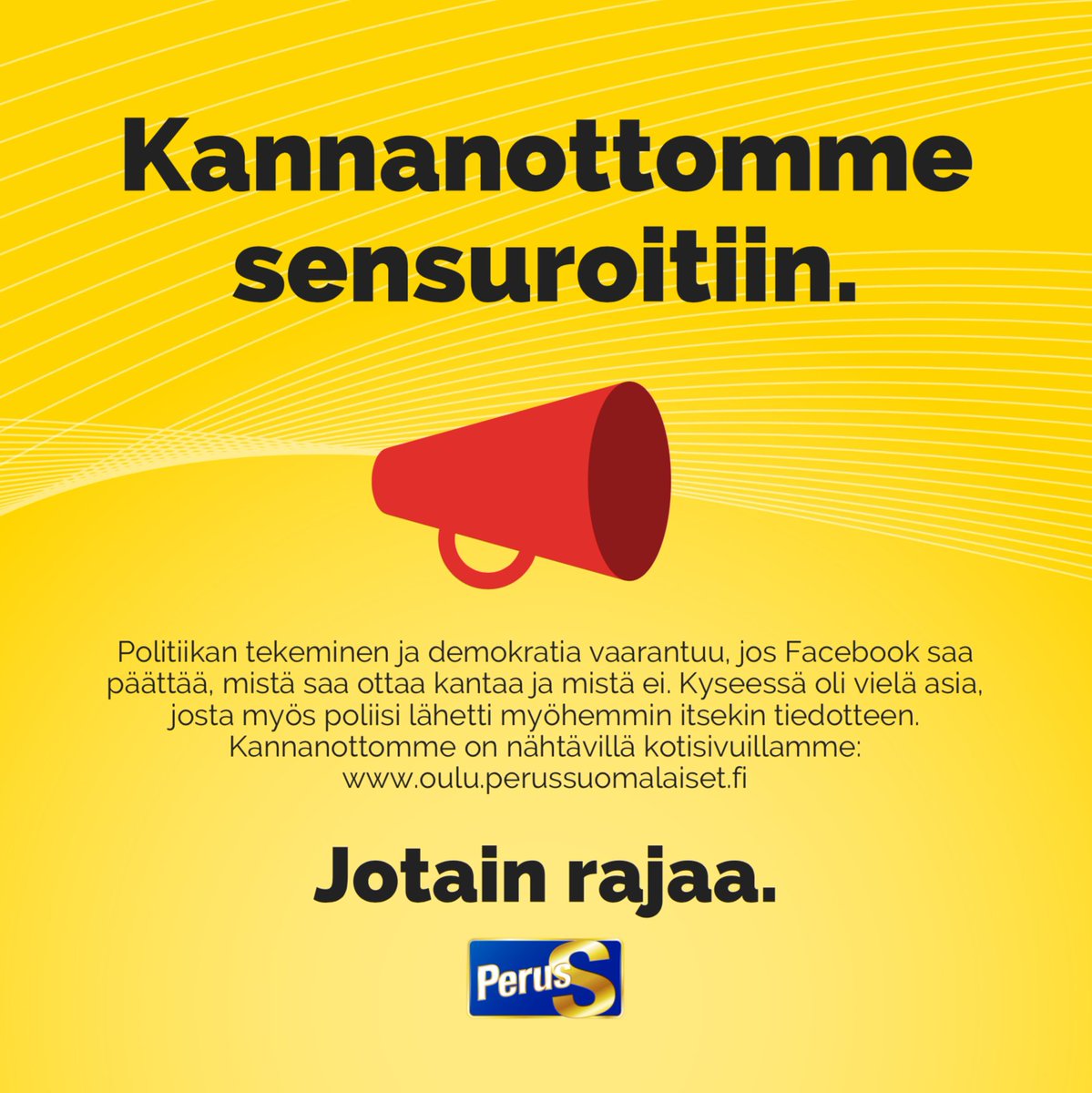 Facebook sensuroi kannanottomme, joka koski varoittamista ulkomaalaistaustaisten miesten toiminnasta. Siis samasta asiasta, josa poliisi tuli tiedotteella ulos vain muutaman päivän päästä. Tämä tilanne ei ole demokratian kannalta terve. oulu.perussuomalaiset.fi/kannanotto/kan… #oulu