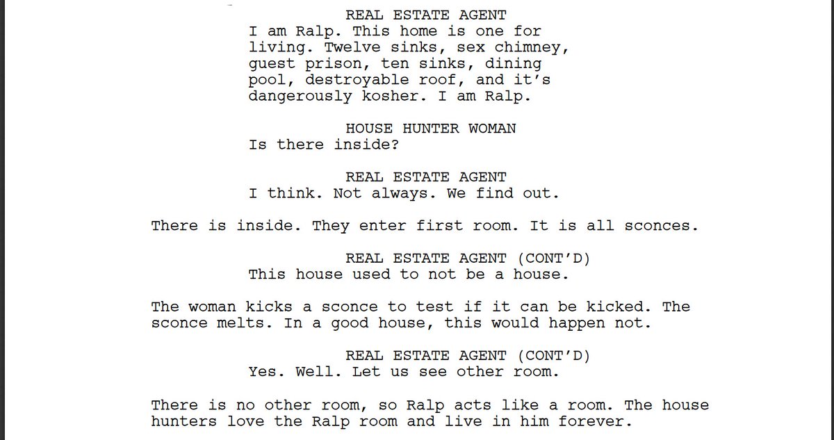 KeatonPatti's tweet image. I forced a bot to watch over 1,000 hours of House Hunters episodes and then asked it to write a House Hunters episode of its own. Here is the first page.