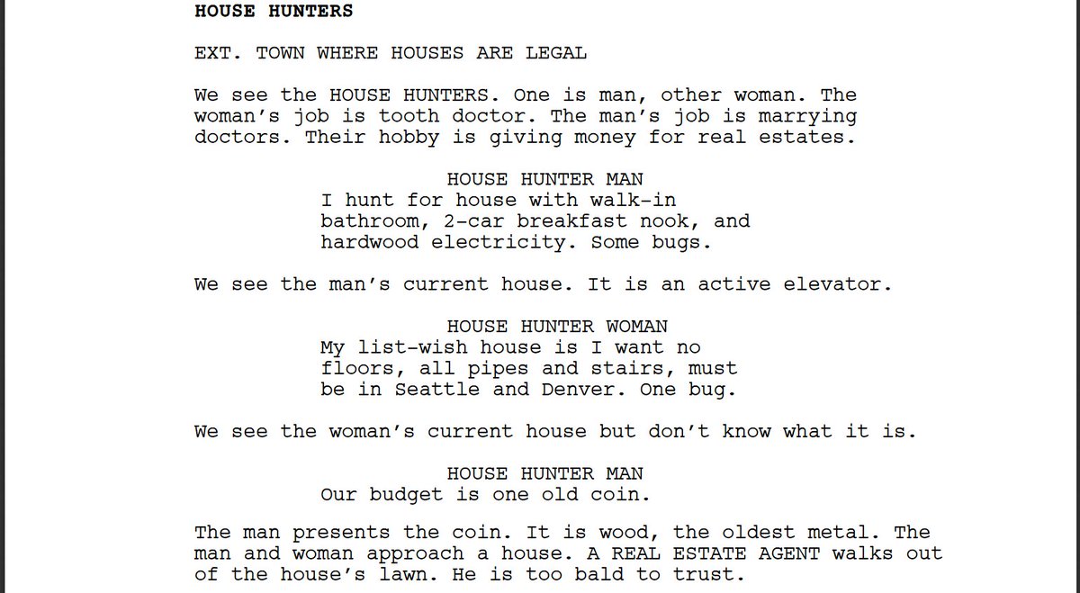 KeatonPatti's tweet image. I forced a bot to watch over 1,000 hours of House Hunters episodes and then asked it to write a House Hunters episode of its own. Here is the first page.
