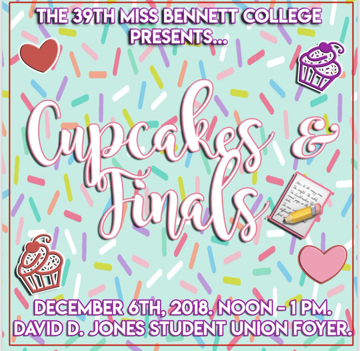TheEndOfTime__'s tweet photo. โWhen Stressed and In Doubt, Cupcake It Out!โ Come get a cupcake from our 39th Miss Bennett College TODAY in the student union foyer from noon to 1pm. Remove the stress of finals away! ๐ง๐๐๐
#Everlasting39th #bennett22 #bennett21 #bennett20 #bennett19 #BennettCollege https://t.co/OgsrthWTBc