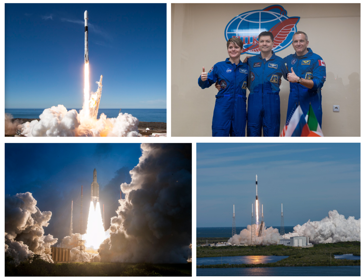 SpaceFoundation's tweet photo. It's been a busy week in space with not one, not two, not three but FOUR successful launches! 🚀🚀🚀🚀 Congratulations to @SpaceX for launching from each coast this week, @Arianespace who launched from French Guiana & the ISS #Exp58 crew who launched from the Baikonur Cosmodrome! https://t.co/gDU9Z8tba0