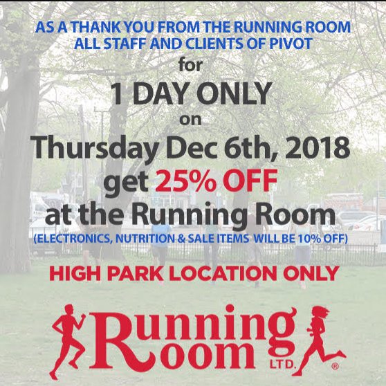 PivotSport's tweet photo. 25% OFF ALL DAY TODAY ONLY! Running Room, High Park Location.

Exclusive Offer for All Pivot clients and employees!

#runnersoftoronto #toronto #runningshoes #runningclub #runningroom #holidayseason #loveyouremployees #loveyourclients #holidayshopping #retailtherapy https://t.co/WoIg6O63Al