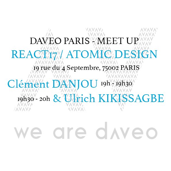 wearedaveo's tweet image. Une opinion sur #React17 ? Confrontez et approfondissez vos connaissances avec @cledanjou, qui l'a vu venir il y a quelques temps déjà ! C'est à 19h, dans nos locaux parisiens.
#Upgrade #React17 #Expertise #TrendTech