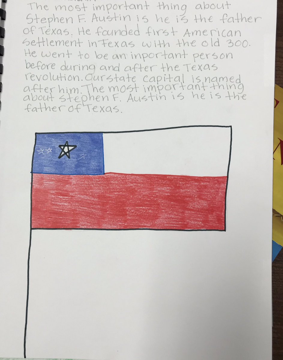 Mrscturner's tweet photo. After learning about topic sentences and supporting details in writing, students imitated the structure found in our mentor text to create their own books about the colonization of Texas in social studies. @TISDDPES #deckerstrong https://t.co/O5Wi5S48AF