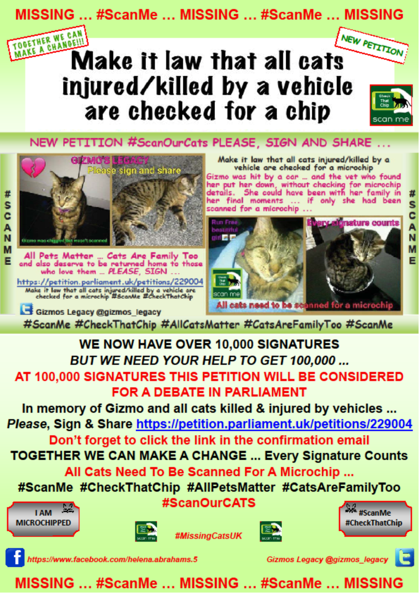 CatsMissing's tweet photo. 1000's of #Cats🐈are just disposed of every year
Never scanned for a chip after being involved in RTAs
Families search months &amp; years &amp; NEVER get closure
Scanning takes2️⃣minutes
🙏Join Us-SIGN #GizmosLegacy🐈NEW PETITION▶ https://t.co/vTdbpWdwMP
#ScanOurCats #CatsAreFamilyToo https://t.co/ruOpvPcXUP