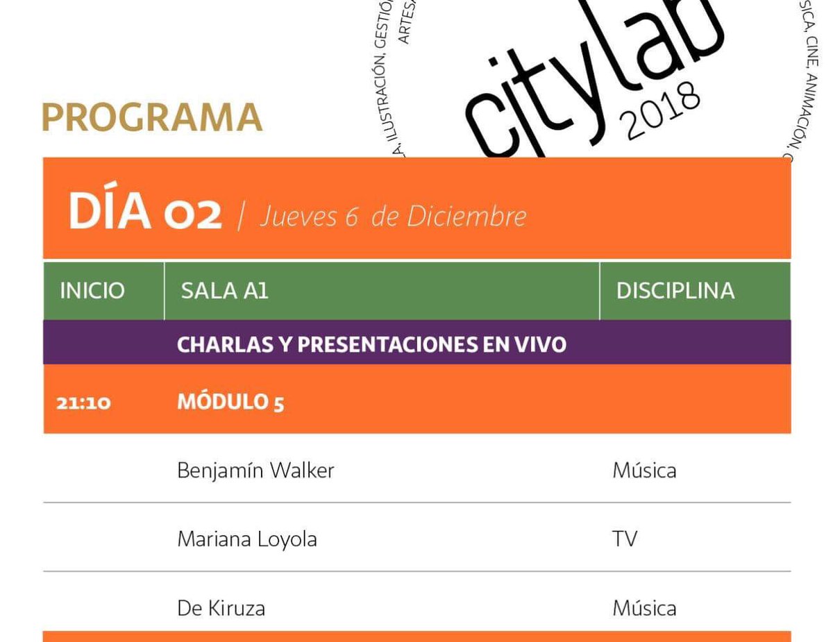 Los encargados de cerrar la sexta versión #citylab serán @benjawalker, el cantautor nacional que fue recientemente nominado a los Grammy Latino 🎶🎙💥; la actriz @marianaloyolaruz 🎬🎭 y para cerrar con música y alegría <a href="/dekiruzaoficial/">De Kiruza Oficial</a> , citylabglobal.com