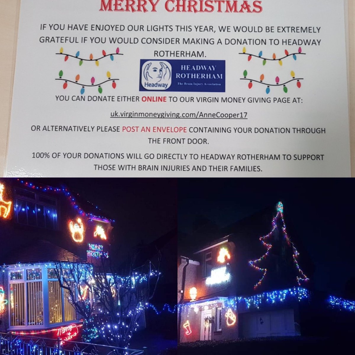 The lights are still going strong and any donations will be much appreciated by @Headway_Roth #rotherhamiswonderful #Sheffieldissuper #christmas #braininjury #fundraising 🎄🎄🎄