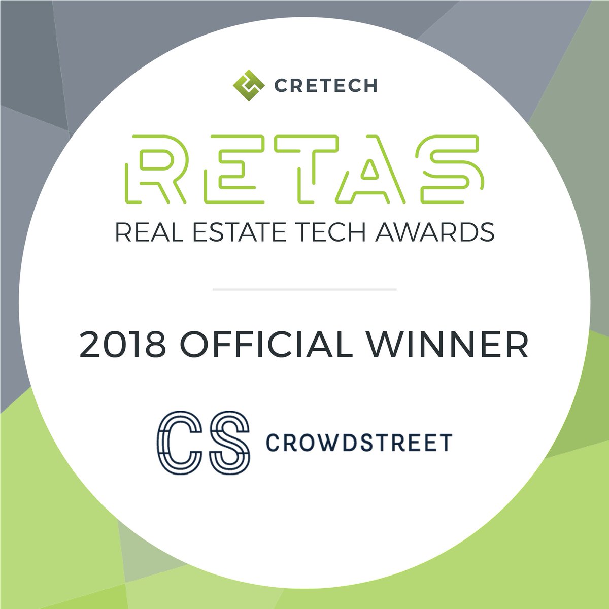 We are thrilled to announce that @CrowdStreet was awarded the best Crowdfunding & Capital Sourcing platform at the 2018 #CREtech #RETAS! Thank you for your votes and congratulations to all the other winners and nominees this year at @DiscoverCREtech!