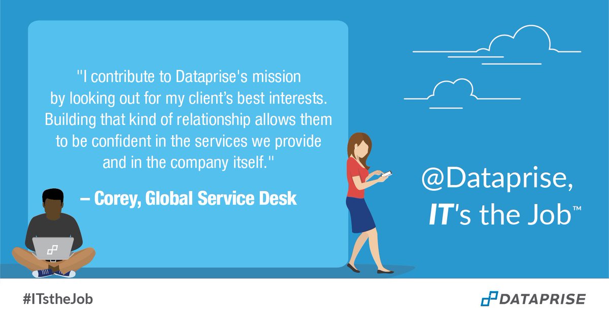 Dataprise's tweet photo. Our employees thrive on solving IT challenges &amp; the sense of satisfaction they get when they’ve helped a client succeed. We interviewed Corey, a Sr Service Desk Engineer at Dataprise, to give us some insight on what he enjoys about his work: https://t.co/HQGAIJwNuB 
#ITsthejob https://t.co/7DB5wmVqbJ