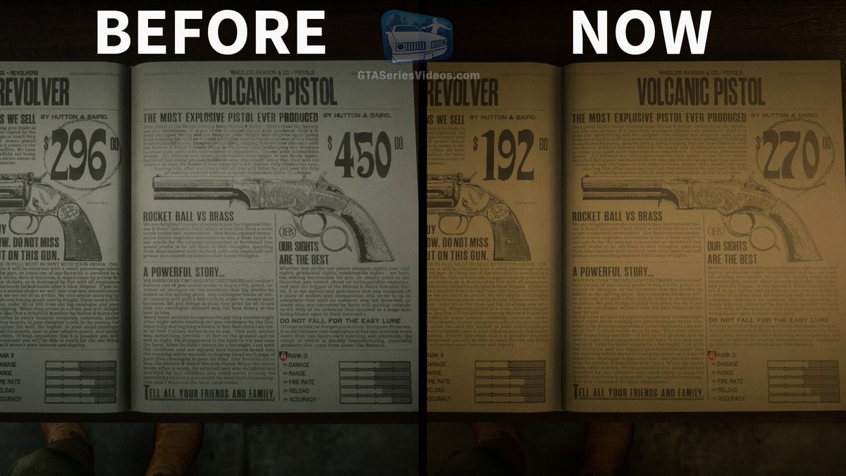GTASeries's tweet photo. Rockstar Games is starting to implement the first set of adjustments to Red Dead Online by balancing values and prices in the game. Weapon costs have already been reduced. Here are a few examples. https://t.co/qwH6GaKm1k