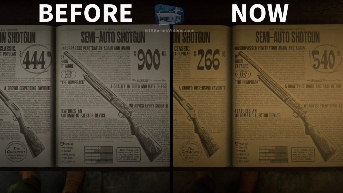 GTASeries's tweet photo. Rockstar Games is starting to implement the first set of adjustments to Red Dead Online by balancing values and prices in the game. Weapon costs have already been reduced. Here are a few examples. https://t.co/qwH6GaKm1k