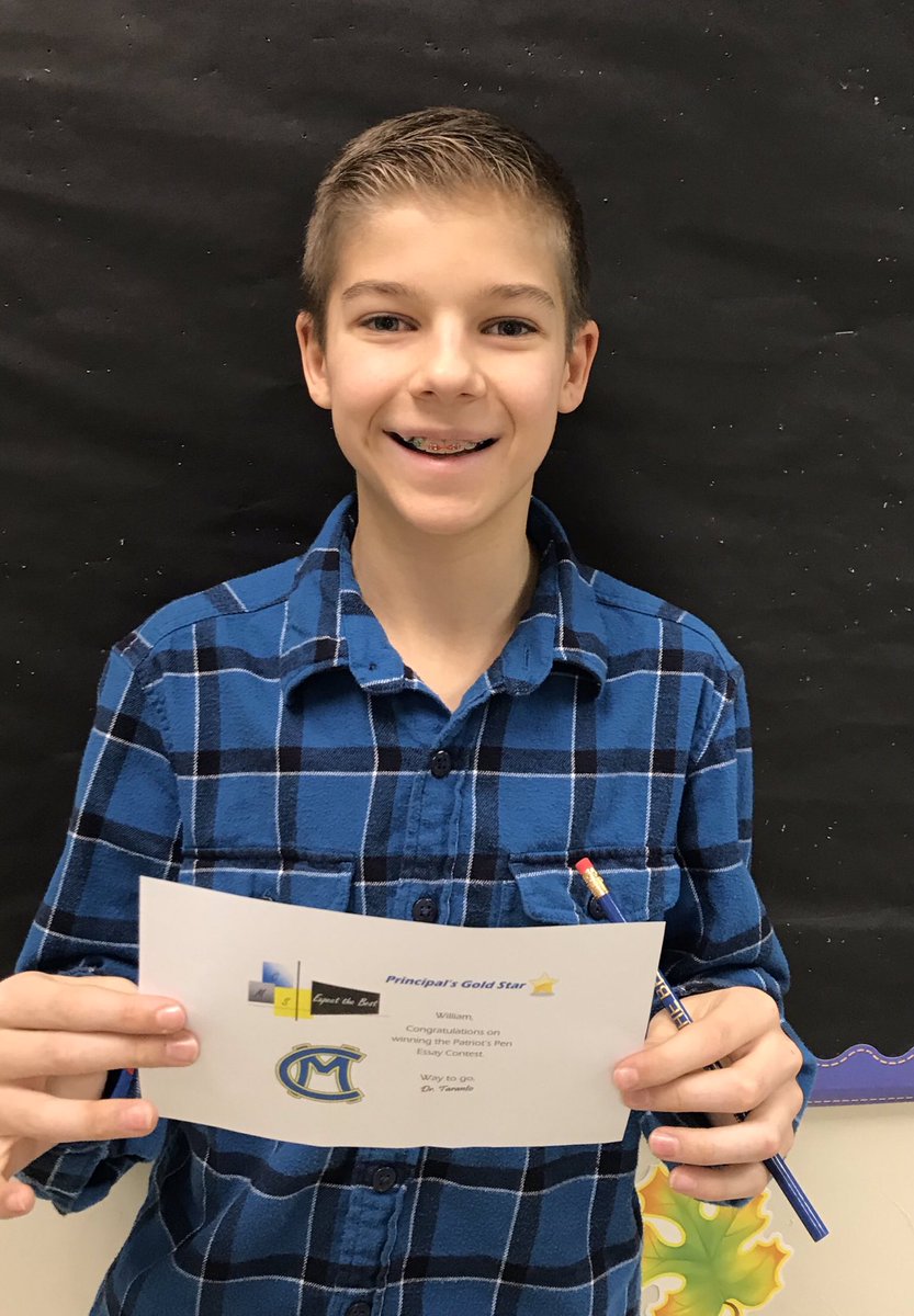 KellyMarieBerg's tweet photo. Congratulations to William for winning 2nd place in the Patriot’s Pen Essay Contest for both Post 191 and VFW District 24! @WEARECMS25 #ExpectTheBestatCMS https://t.co/4cMOYuxgB5