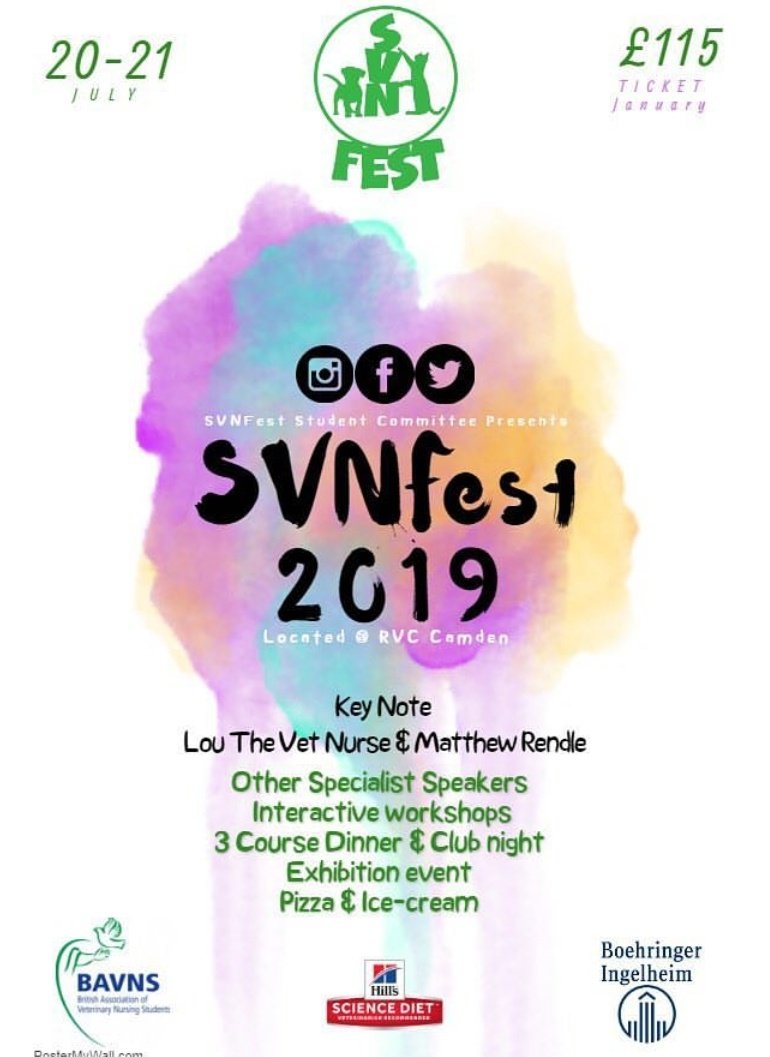 SVNFest's tweet photo. IT'S TIME TO GET EXCITED!!! Lets spread the word 💚🐾 ticket price is for both days and includes the 3 course dinner!! #svnfest2019 #studentvetnurse https://t.co/f0UUInMkah