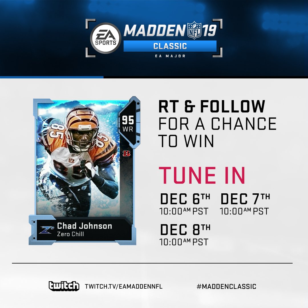 IAmLegend1224's tweet photo. Want a chance at up to 6 Madden Drops per day!?! Watch the @EASPORTS_MUT #MaddenClassic LIVE on https://t.co/B76qeG16sE   RT and Follow for a chance to Win a 95 OVR Chad Johnson!!! https://t.co/tDCsyqomqC