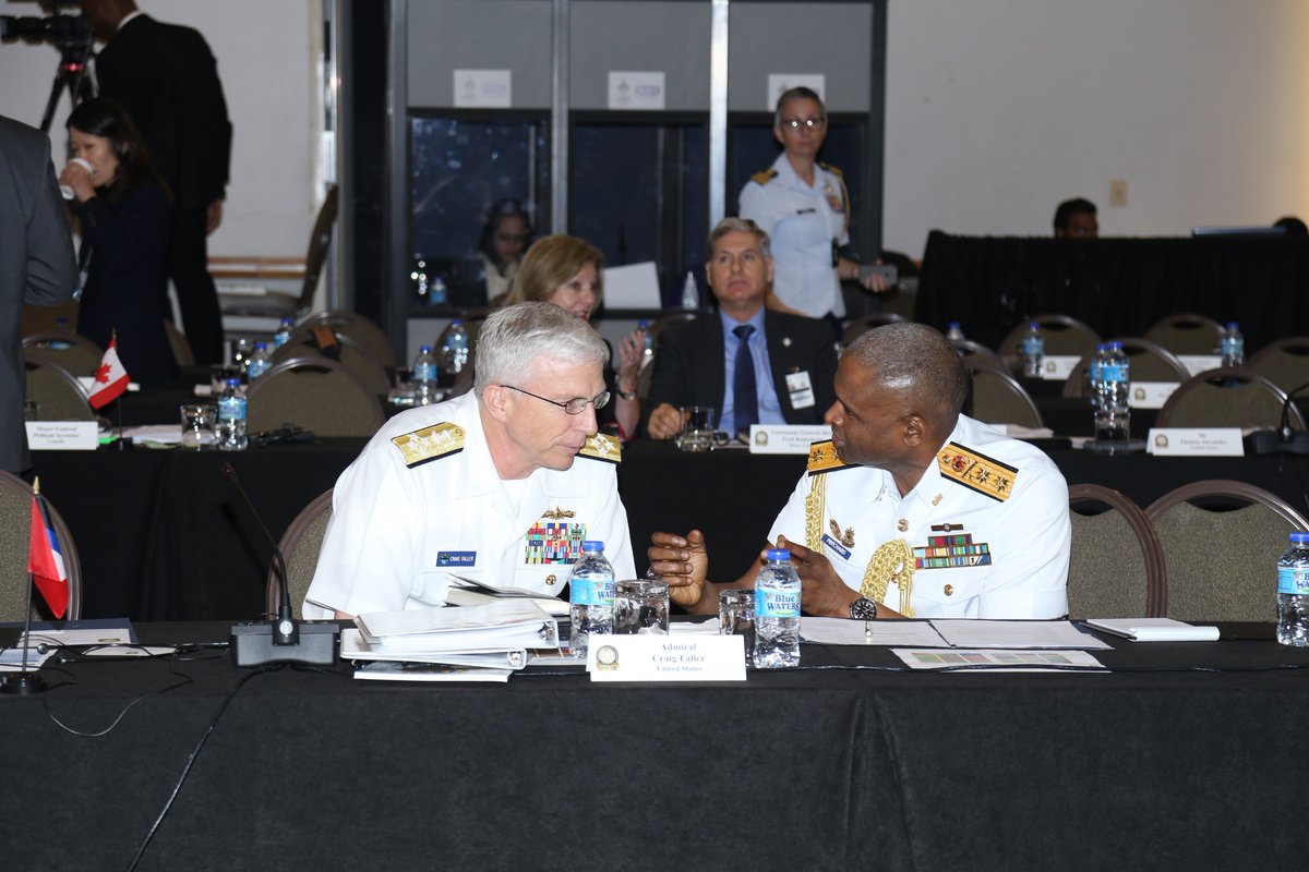 Southcom's tweet photo. #SOUTHCOM Cdr, Adm. Craig S. Faller, w/ @TTDefenceForce Chief RADM Hayden Pritchard in #TrinidadandTobago during #CANSEC18. Today is Day 2 of the conference focused on #Caribbean security & cooperation. #EnduringPromise @ttusa @mns.tnt @TTDefenceForce https://t.co/Aol7jF7aYt