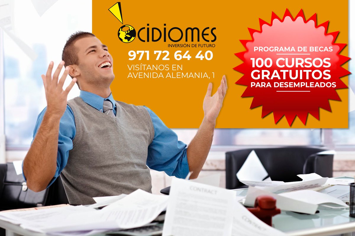 OCIDIOMES's tweet photo. En Ocidiomes activamos 100 Cursos Gratuitos para desempleados. ven a Avenida Alemania, 1 para solicitar su curso. #SOIB #IDIOMAS #ACADEMIA #FUTURO 
https://t.co/jI3tmgePD0 https://t.co/Th17f0NTZE