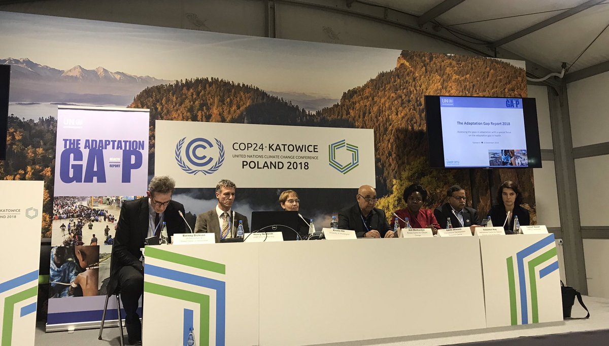 elisa_sdem's tweet photo. The @UNEnvironment #AdaptationGap report presentation just started at #COP24, with @kristie_ebi, @SaleemulHuq, @nyasega and Anil Markandya, former Scientific Director of @BC3Research, among others https://t.co/KDzE3I0768