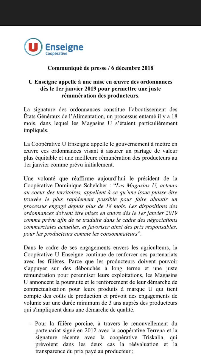 schelcher's tweet photo. Voici notre communiqué de presse appelant à la mise en œuvre de la loi Agriculture et Alimentation dès le 1er janvier prochain comme prévu. @U_LESMAGASINS confirment ainsi leur engagement pris lors des États Généraux de l’Alimentation et rappellent leurs actions dans ce sens. https://t.co/NKp60UT90s