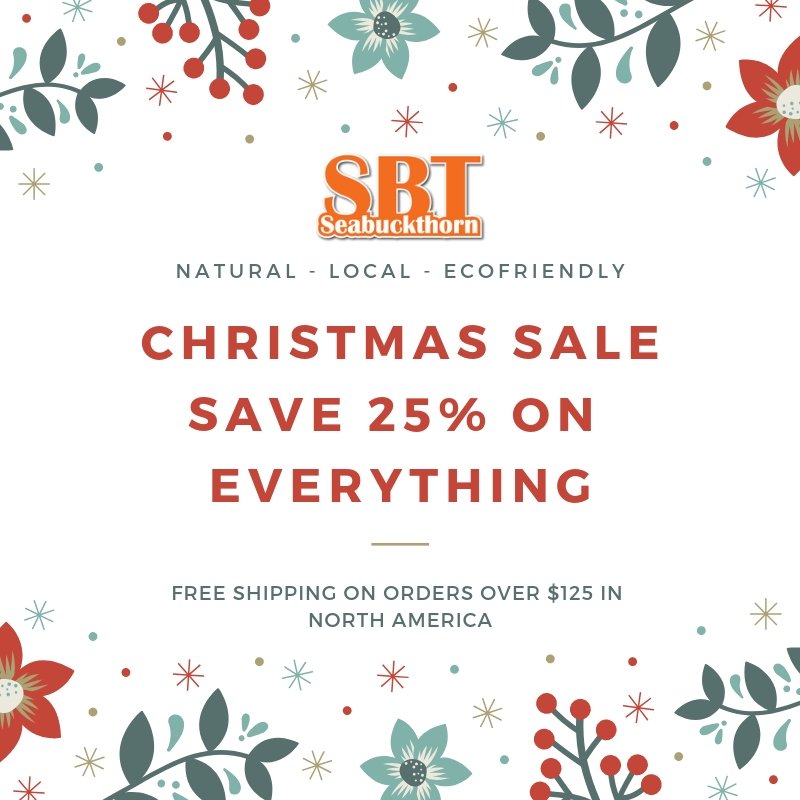 Save 25% on EVERYTHING from sbtseabuckthorn.com this week + free shipping on orders over $125 (in NA) + free sample(s) with every order! Our products are made with natural ingredients and suited for even the most sensitive of skin which make them great gifts! #christmas