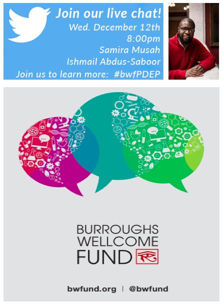amays_bwfund's tweet photo. #BWFPDEP Twitter Chat with two prior awardees on Dec 12th at 8:00 pm eastern! #bwfpdep application open through Jan 16, 2019.
@ABRCMS @sacnas #diversityinscience #urmscientists @thesamiramusah @IshmailSaboor @george_langford https://t.co/E9fLtF6Wgy