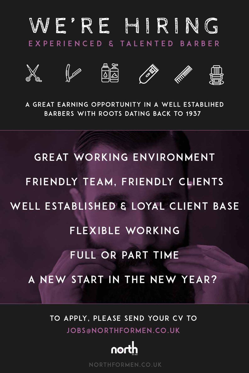 We're looking for an experienced and talented #barber to join our team. A great earning opportunity with well established and loyal client base and flexible working. <a href="/GuiseleyGazette/">Guiseley's Gazette</a> <a href="/guiseleyhour/">#guiseleyhour</a> #job #jobs #hairstylist #leeds