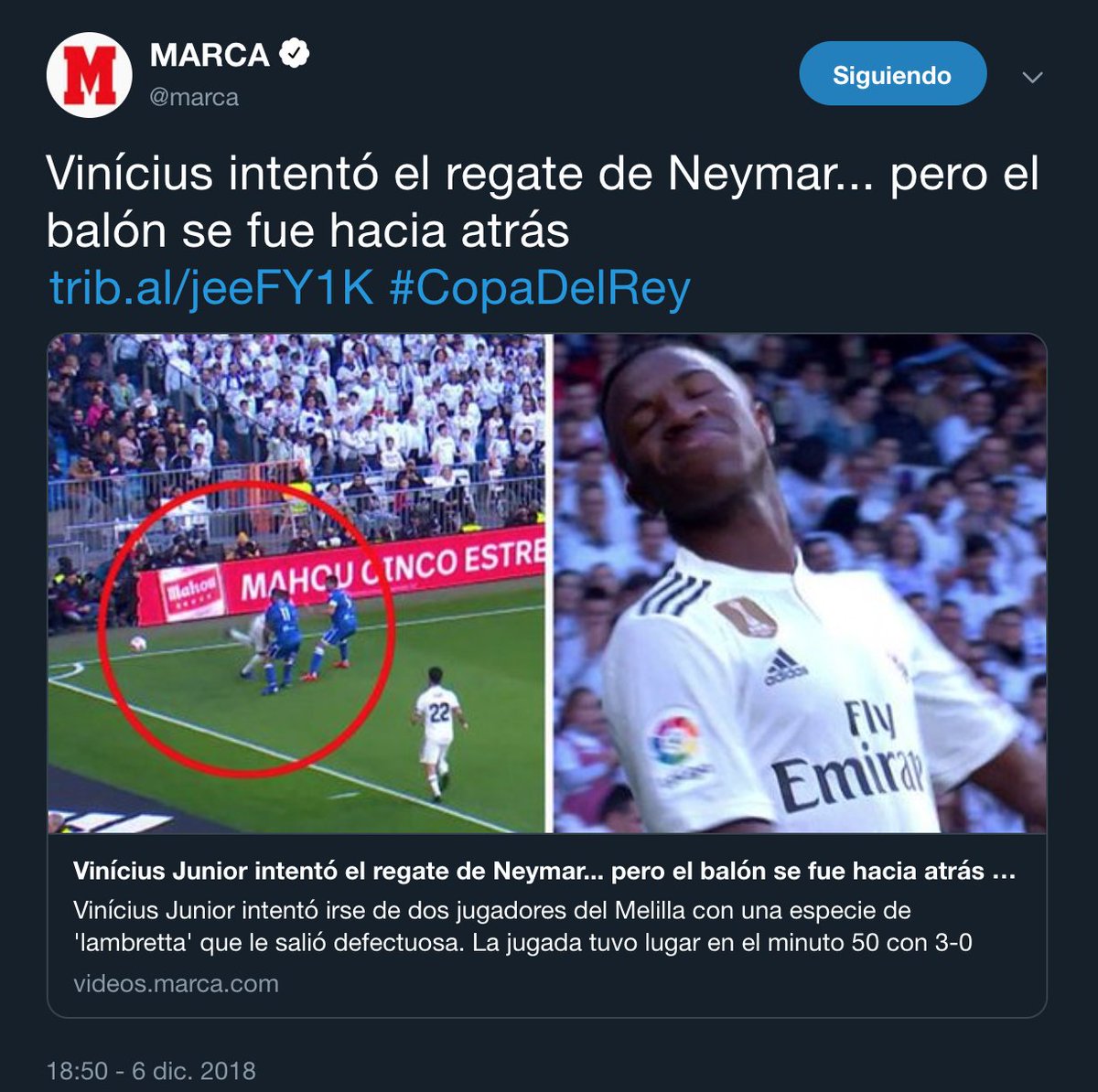 Llourinho's tweet photo. Cuando lo hace Vinicius contra el Melilla no es provocación. https://t.co/M2TQHUrmPt