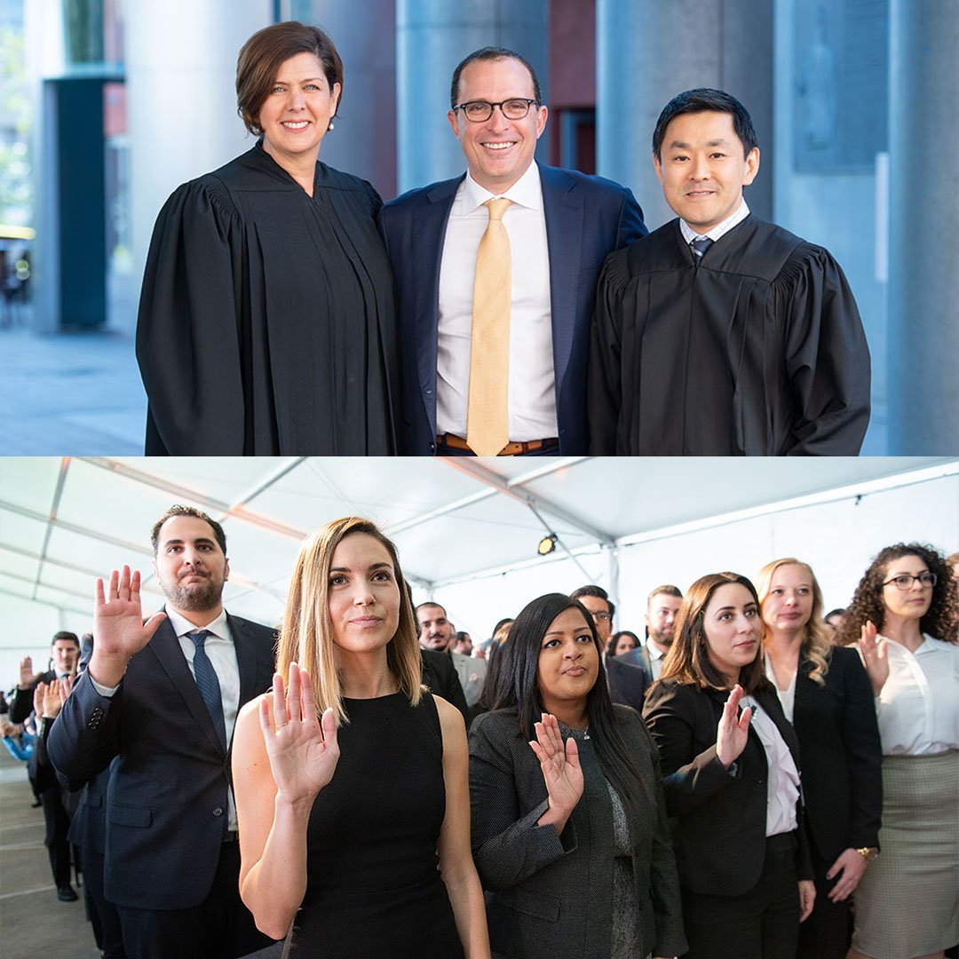 LoyolaLawSchool's tweet photo. Congrats to Loyola alumni who are now official attorneys! At #LLSSwearingIn, Hon Serena Murillo, LA Superior Court administered CA oath. Hon Steve Kim, US Magistrate Judge, US District Court for Central District of CA administered federal oath. #LLSAlumni https://t.co/gZHnHR2zKw https://t.co/qFlHbIS75C