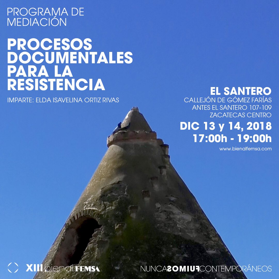 BienalFEMSA's tweet photo. Acompáñanos el el taller "Procesos documentales para la resistencia" co Elda Ortiz Rivas en El Santero.
Dic 13-14 @ 17:00h
#BienalFEMSA #XIIIBienalFEMSA #Nuncafuimoscontemporáneos#Zacatecas #ProgramadeMediación #documental #taller #procesosdocumentales https://t.co/iC9HGdW4MC