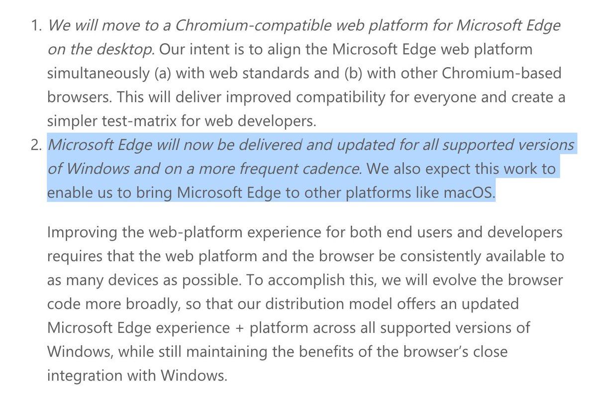 Screenshot of the Microsoft Edge blog post with the following text highlighted: "Microsoft Edge will now be delivered and updated for all supported versions of Windows and on a more frequent cadence. We also expect this work to enable us to bring Microsoft Edge to other platforms like macOS."