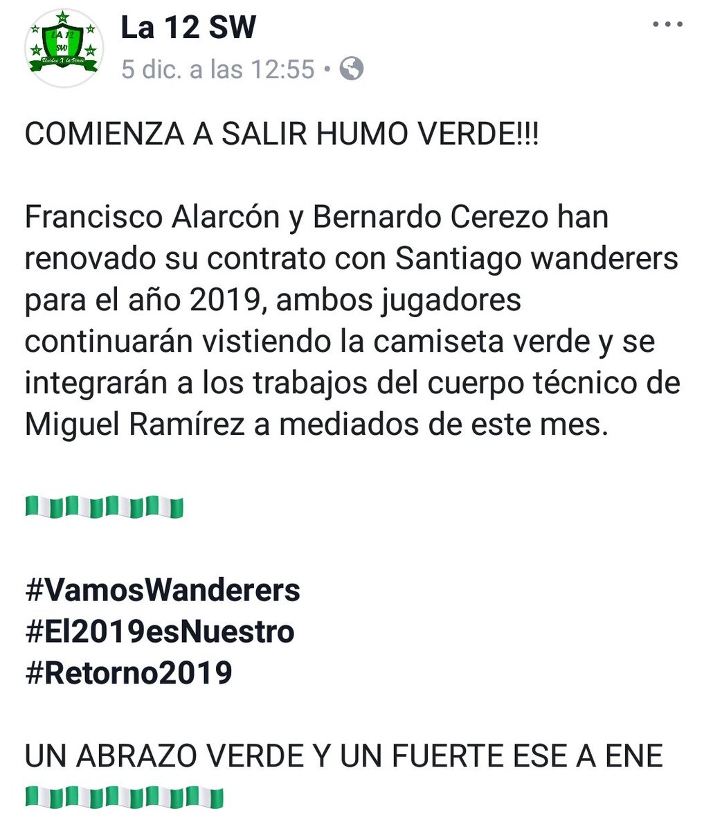 La_12_SW's tweet photo. Wanderers se comienza a armar para el 2019 👏🏾👏🏾👏🏾🇳🇬🇳🇬🇳🇬

Volvimos a Twitter recuperamos nuestra cuenta que fue usurpada hace un tiempo dejándonos sin poder usarla, pero ya estamos de vuelta 😎

UN ABRAZO VERDE Y UN FUERTE ESE A ENE 🇳🇬🇳🇬🇳🇬

Like y RT https://t.co/2SZ0Gbgnnl