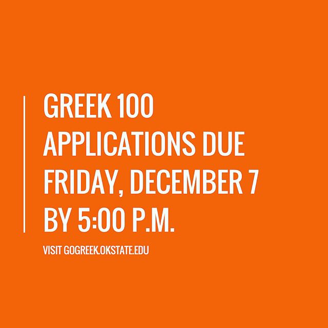 Greek 100 applications are LIVE and due tomorrow by 5:00 p.m. Apply to be a peer educator in the Greek community!! Visit gogreek.okstate.edu