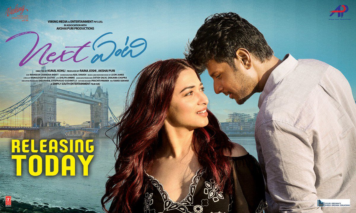 skcforfilms's tweet photo. #NextEnti grand release today!
#NextEntiOnDec7
Starring @tamannaahspeaks @sundeepkishan @pnavdeep26 @larissabonesi @poonamkaurlal Directed by @kunalkohli
Music by @leon_james
Produced by Raina Joshi & @puriakshai
A Shree Krishna Creations release @skcforfilms https://t.co/n04bN9NDH2
