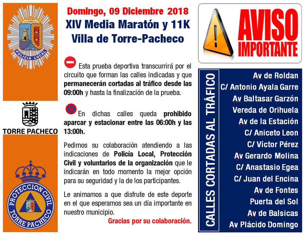 ⚠️ AVISO IMPORTANTE ⚠️ <a href="/policiaTP/">PL Torre Pacheco</a> y <a href="/PCivilTPacheco/">Protección Civil Torre Pacheco</a> #TorrePacheco INFORMA ✔️ Calles cortadas al tráfico el próximo domingo 9 diciembre por la celebración de la 🏃🏻‍♀️🏃🏽‍♀️🏃🏼‍♂️XIV Media Maratón y 11 K Villa de Torre-Pacheco 🏃🏻‍♂️🏃🏾‍♂️🏃‍♀️ <a href="/la_famu/">FAMU Murcia</a>