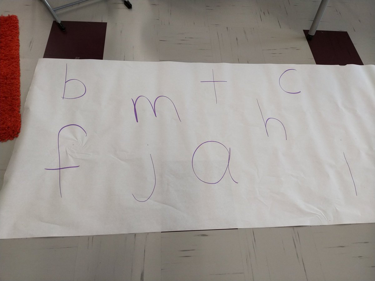 MetcalfTeacher's tweet photo. It looks like a big piece of paper with letters on it, but it's really a chance for students for students to jump, skip, and stomp to receptively identify letter sounds and then hop scotch to blend and make words. Fun with phonics! @Relay_BCPS https://t.co/J1ifL9EMmo