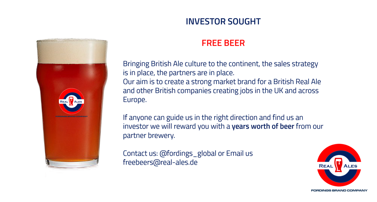 Fordings_Global's tweet photo. #free #freebeer #investor #British #Brexit A years worth of FREE BEER for anyone who can lead us to an investor to roll out a strategy for sustainable sales of British Beer and other British products on the continent. New jobs, More England https://t.co/El3gZNZnDt