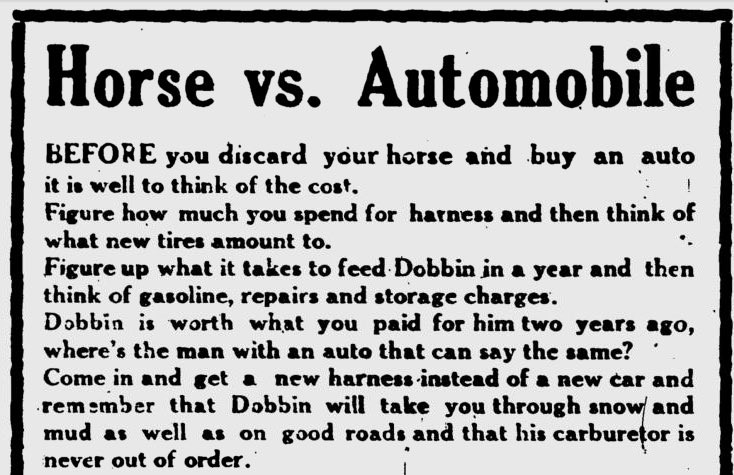 PessimistsArc's tweet photo. "BEFORE you discard of your horse and buy an auto it is well to think of the cost" (1915) https://t.co/0crf7IOgg9 https://t.co/eIO93LriNO