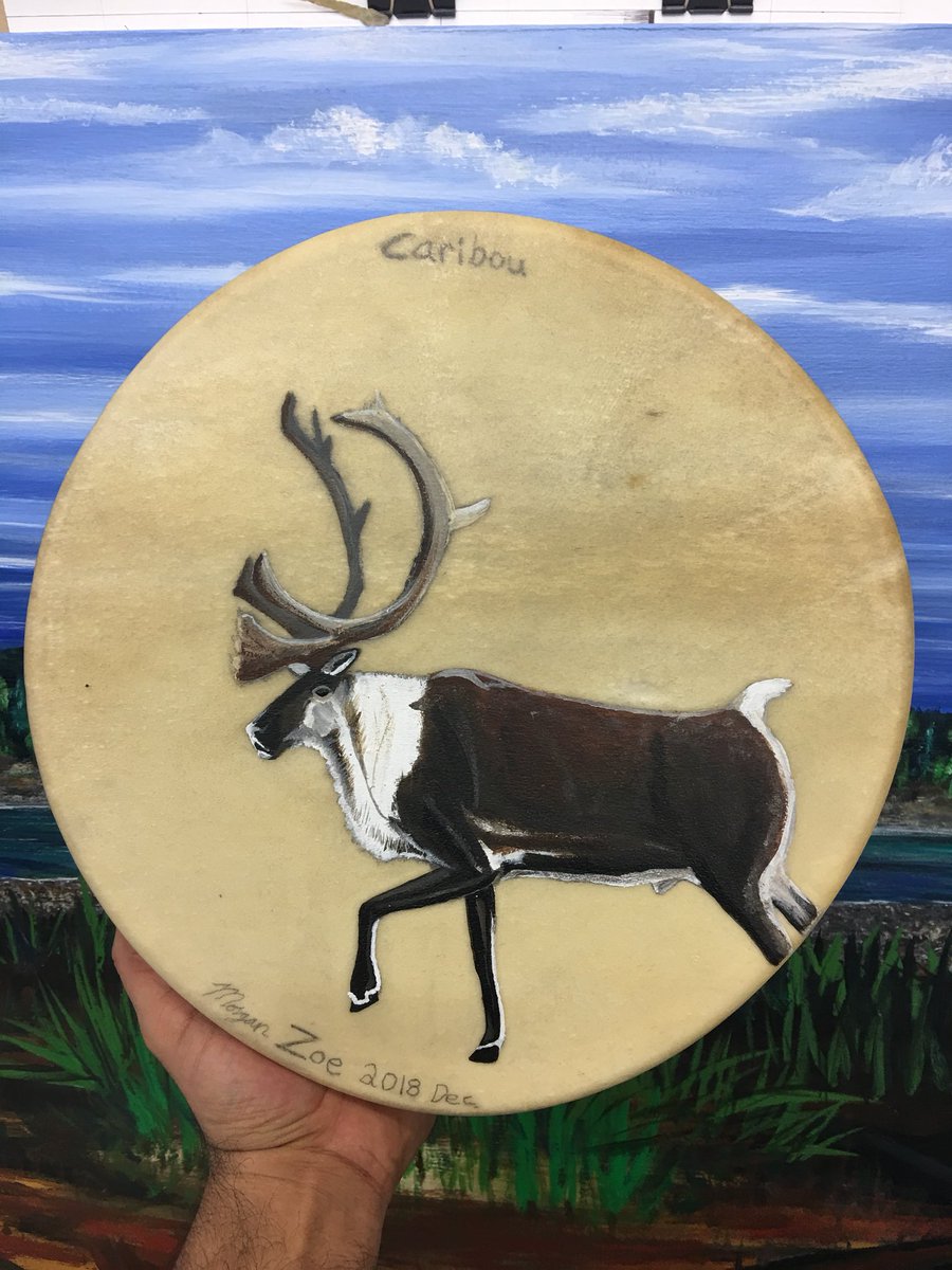 “Caribou” painting on Drum. By Morgan Zoe. 2018. Shout out to the On-Campus Friendship Centre at GPRC. They gave me a drum to paint. Progress picture. Almost done.