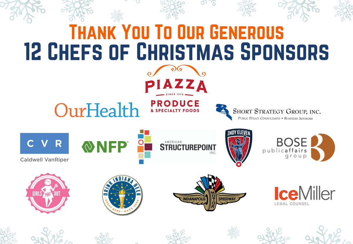 IndyCM's tweet photo. Events like 12 Chefs of Christmas wouldn't be possible without the help of community & corporate partners like @PiazzaProduce, @OurHealthClinic, Short Strategy Group, @CVRIndy, NFP, @AmericanStrpnt, @IndyEleven, @BosePAG, @IndyGPO, @DrinkIndiana, @IMS, and @IceMillerLLP! https://t.co/Q1TAZbE6em