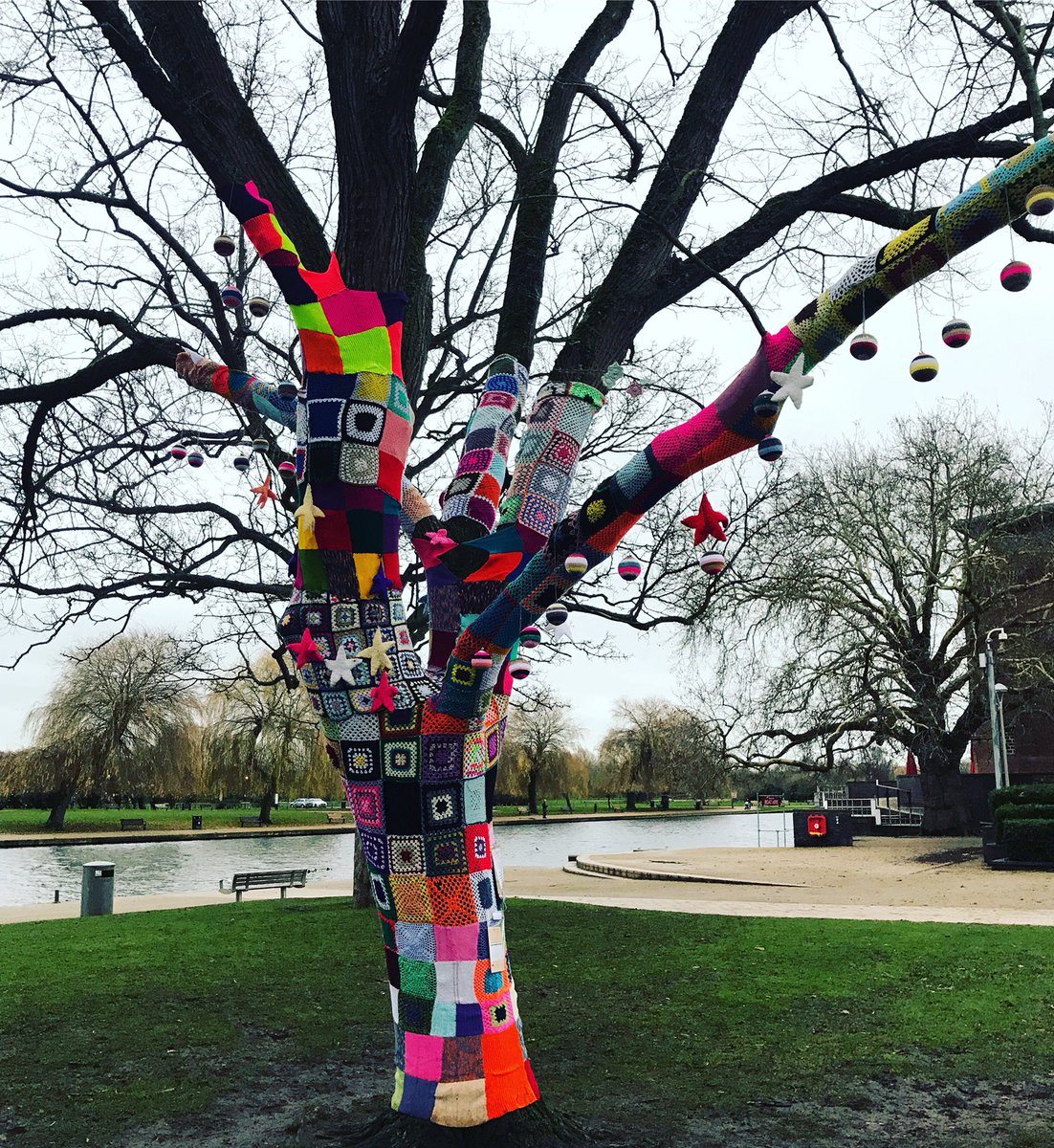 AlisanCole's tweet photo. Love that the @weare_GAGAUK #rememberingtree2018 brightens up even the gloomiest of days 🥰 #stratforduponavon #yarnbombing https://t.co/WVF6gW5Bu9