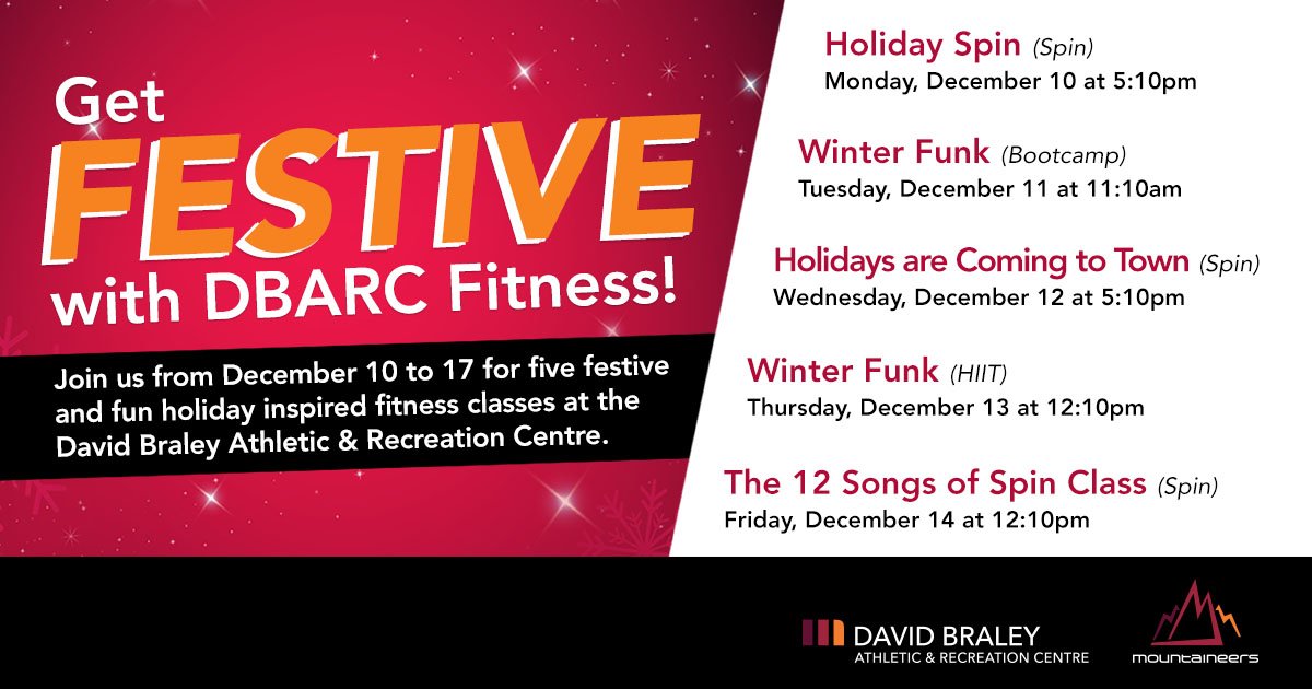 MoMountaineers's tweet image. Monday, December 10th get FESTIVE with DBARC fitness. The DBARC fitness instructors are hosting five holiday inspired classes. 

Access to fitness classes are available with your DBARC membership.