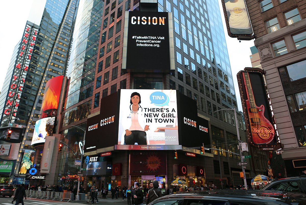CDCFound's tweet photo. TINA takes Manhattan! TINA, the virtual healthcare provider simulation created to help #cancer #patients learn more about the risk of #infection during #chemotherapy, was featured in @TimesSquareNYC via @PRNewswire last week. https://t.co/AotpUlWh9O #TalkwithTINA https://t.co/ijZEIMROIA