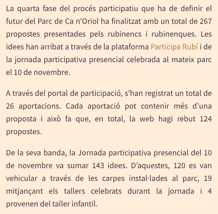 protegimCO's tweet photo. @xabier7473 @AjRubi @SaveCanOriol @xarxadeparcs @RubiMAmbiente @DiarideRubi @PSCRubi @maris060977 @SArraijanal La informació que facilita l’@AjRubi parla de 267 propostes. No diu a quanta ciutadania correspon. Si lleguim la informació que es publica a la web del procés participatiu, no s’informa del nombre de persones que han fet les 267 propostes https://t.co/NaQyZjATQ9